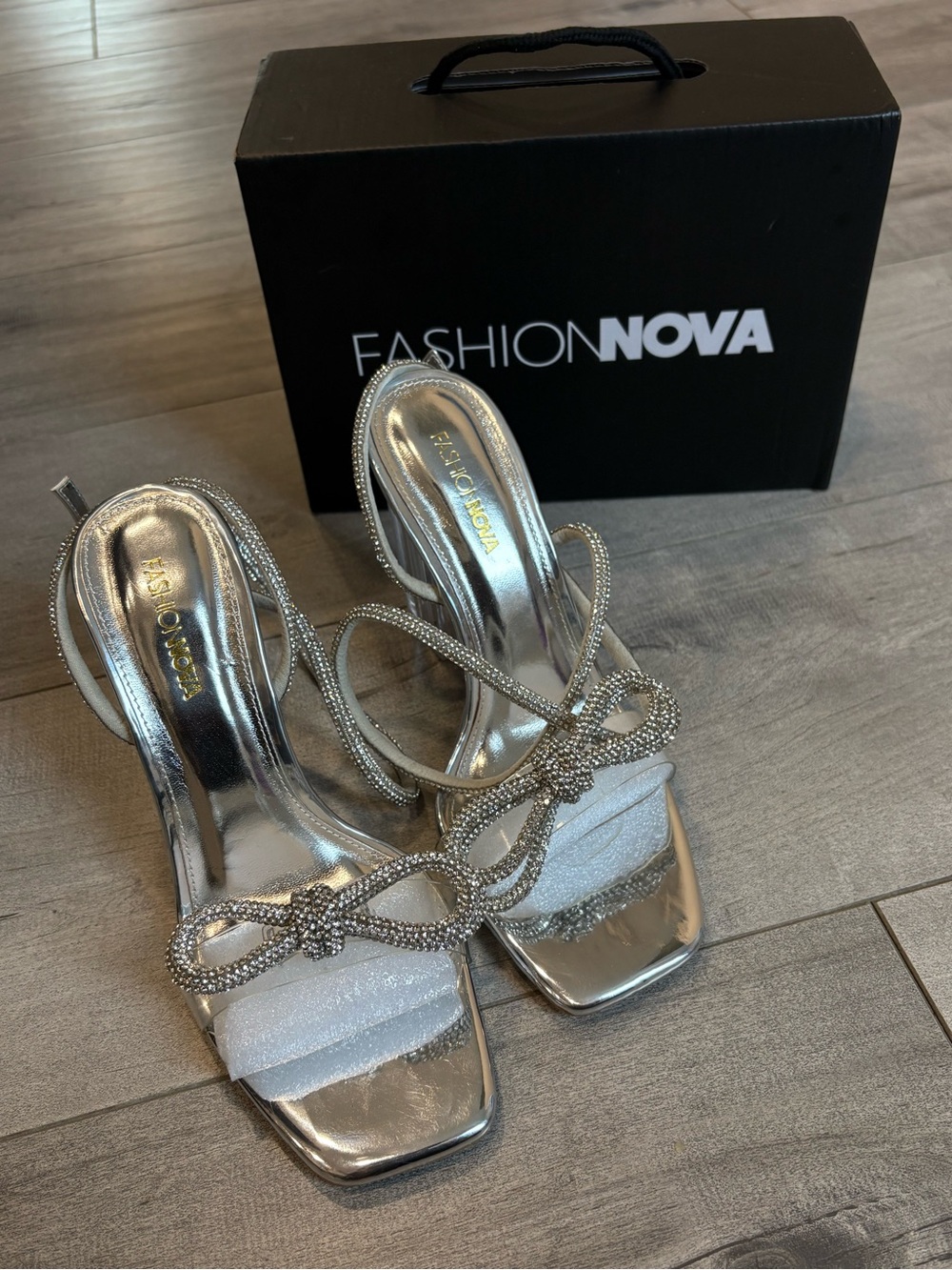 Fashion Nova Silver Rhinestone Embellished Strappy Heels